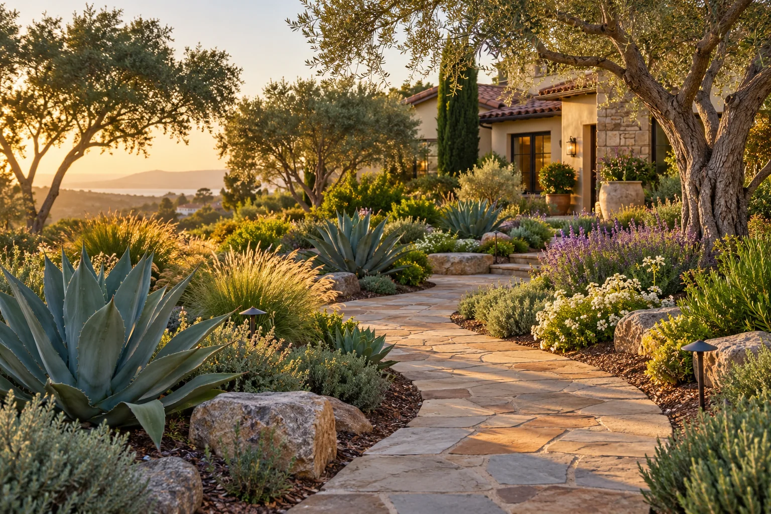 Illustrative stone walkway through a Mediterranean planted garden
